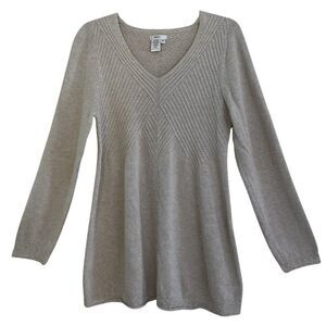 Sophie Max V-Neck Tunic Sweater Womens Sz L Neutral Ribbed Knit Lagenlook